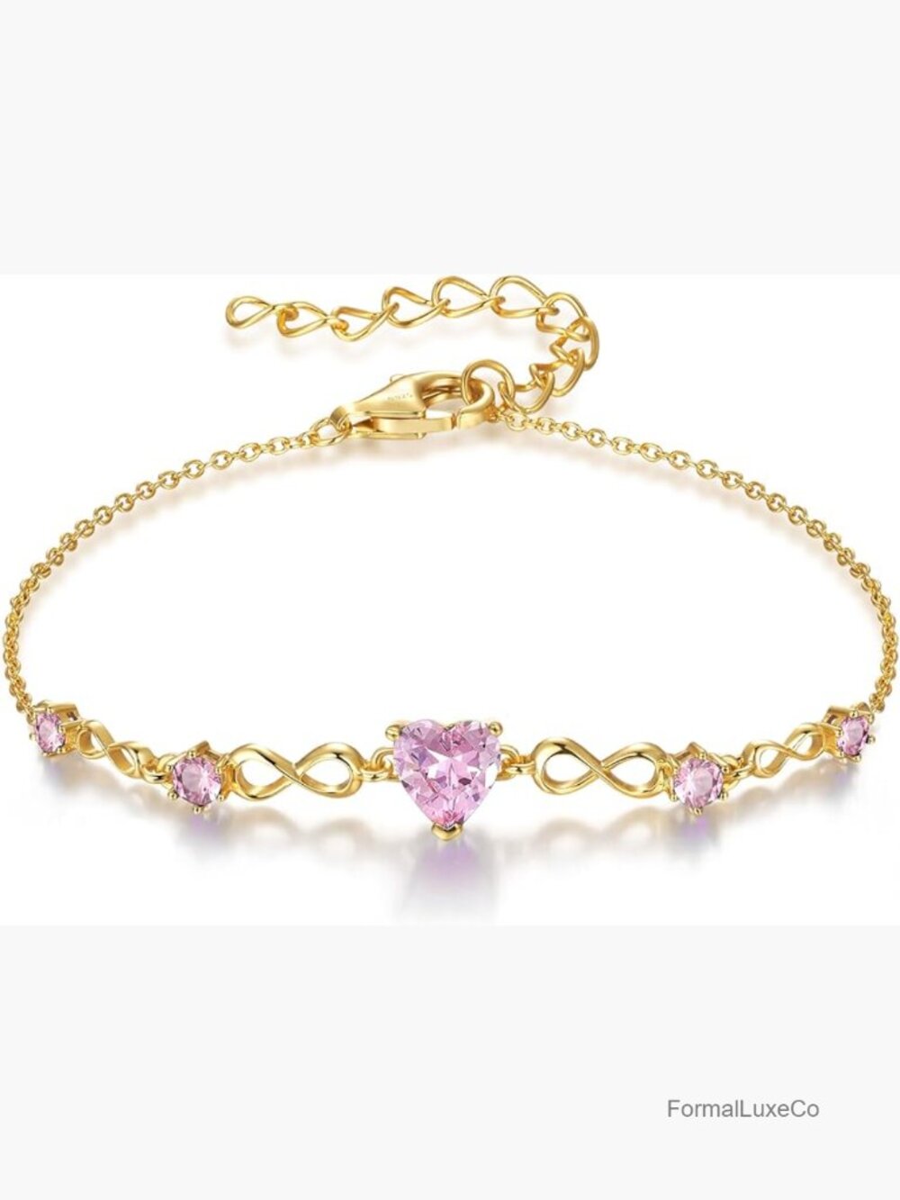 Infinity Heart Birthstone Charm Bracelet, 925 Sterling Silver Adjustable Link